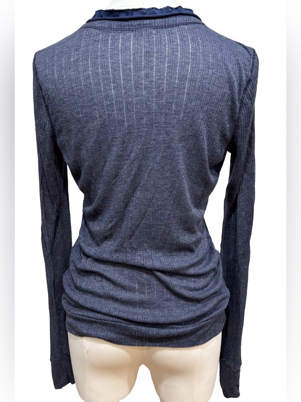 SPLENDID Navy Ribbed/Pointelle lacey Button-Front Cardigan, ribbon ruffle vneck - Picture 5 of 16